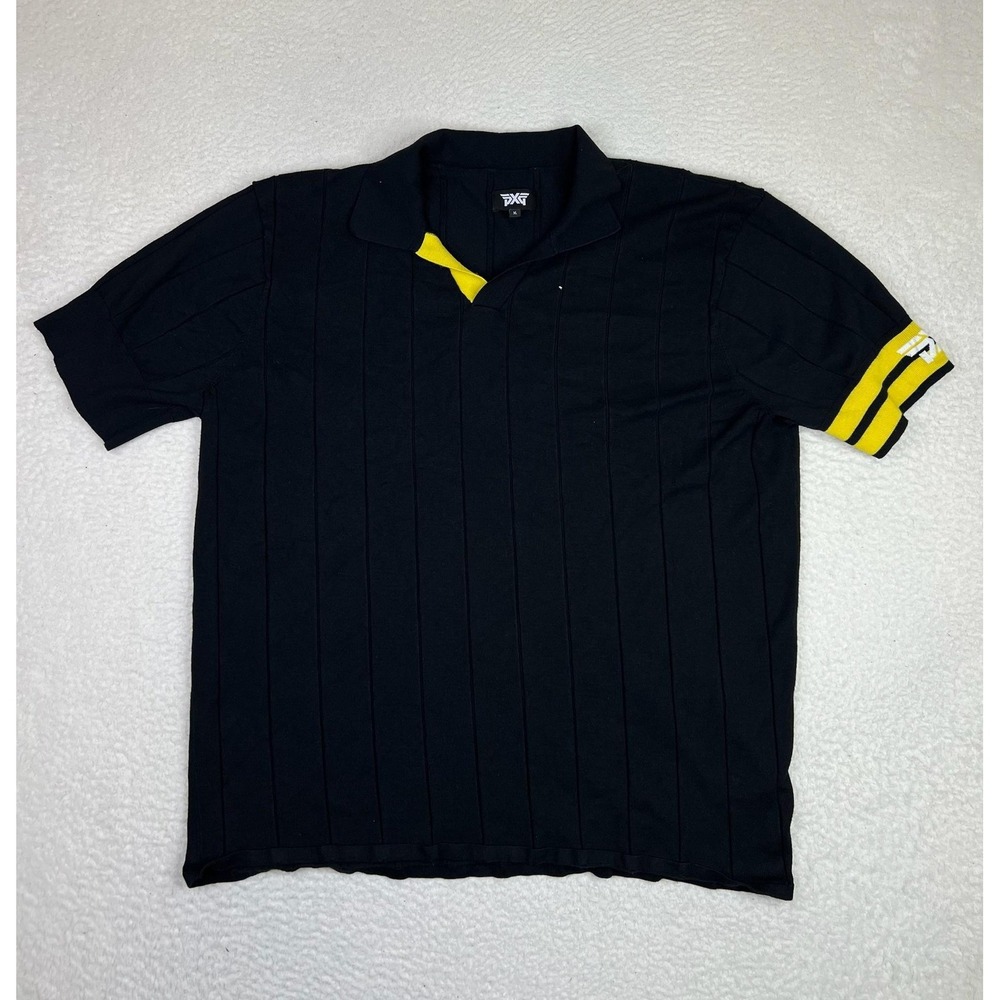 PXG Polo Shirt Mens XL Black Stripe Golf Knit Yellow Sleeve Logo Performance